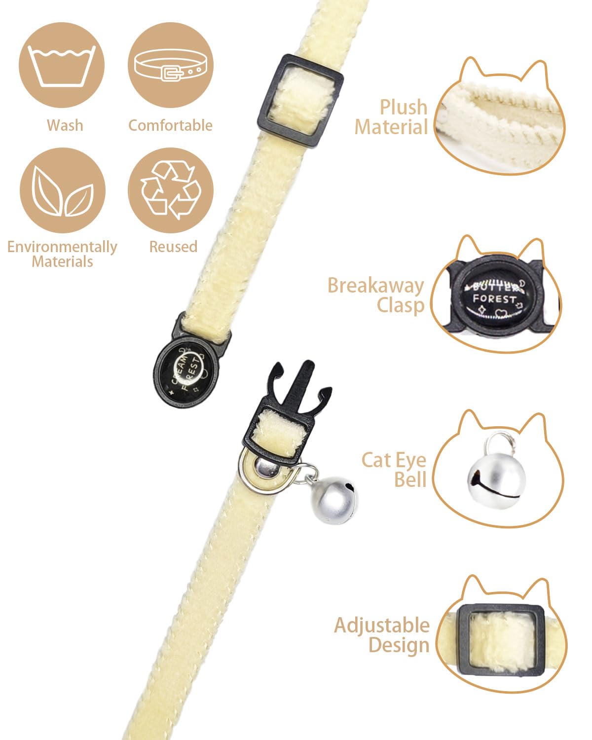 Collar de gato peludo con campana, collar ajustable de 7.87 a 11.8 pulgadas, adecuado para todo tipo de gatos y perros pequeños (M, blanco)