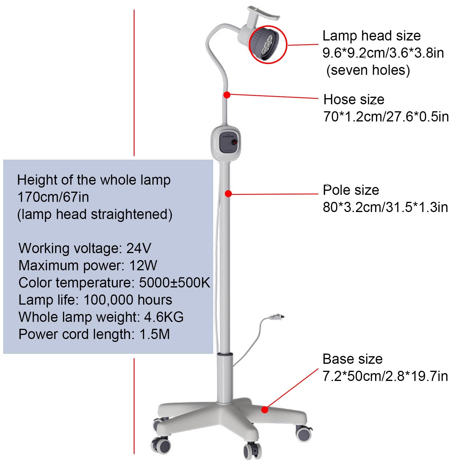 12W Lampa do Badań Lekarskich LED Lampa Chirurgiczna, 24V, Podstawa Obciążona, Mobilna Lampa do Badań z Elastyczną Lampą Typu Gooseneck, Regulowana Wysokość, Ściemniana