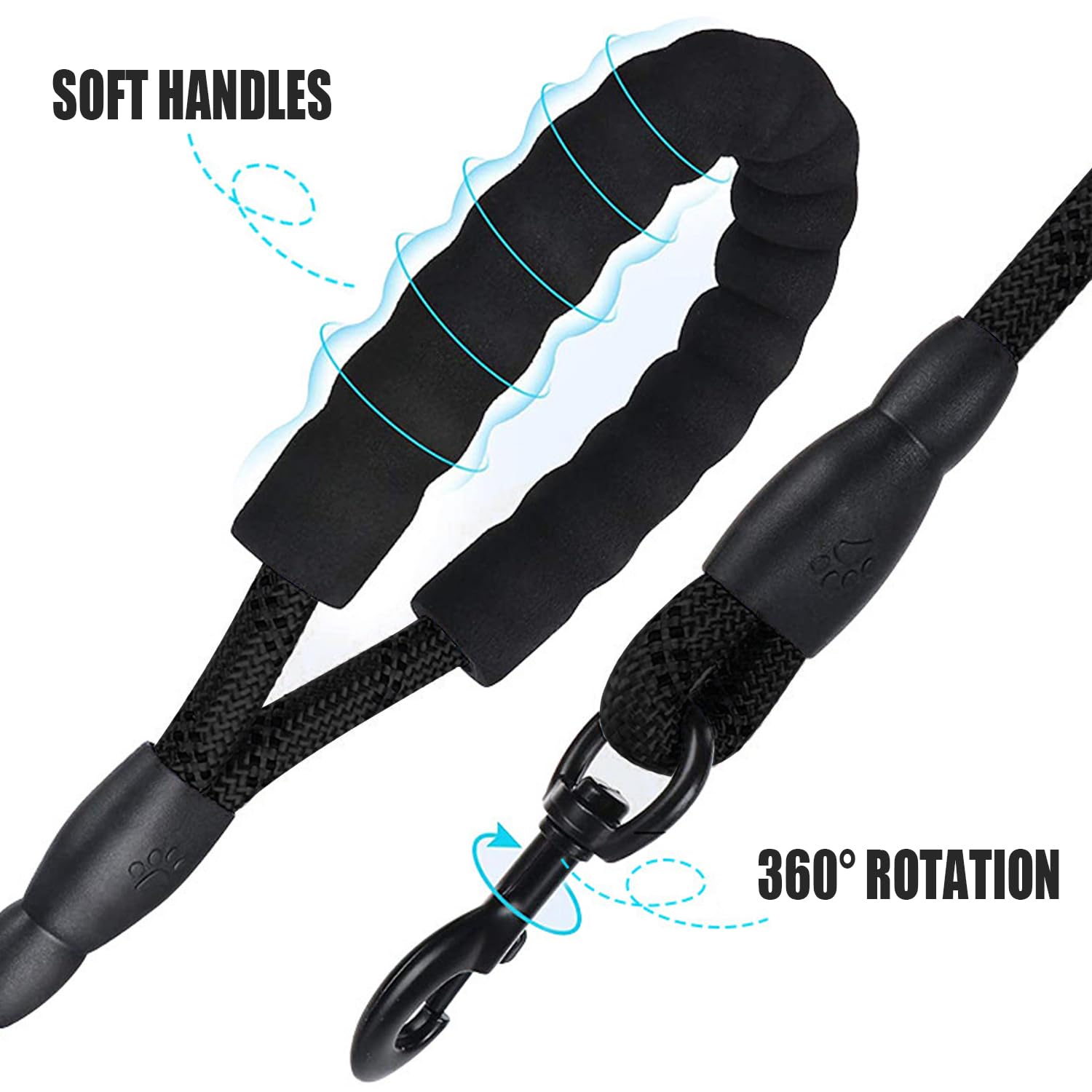 Rope Dog Lead with Soft Padded Handle, 1.5m/2m Reflective Lead and Multi-Colour for Medium Large Dogs 1.2 cm, Black - Image 3