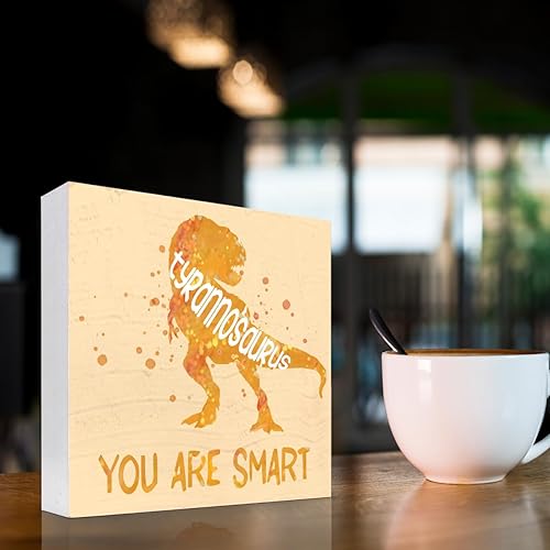 Miniatura 3 de Letrero de madera con texto en inglés "You are Smart Inspiration" para cuarto del bebé, decoración de escritorio con diseño de tiranosaurio naranja