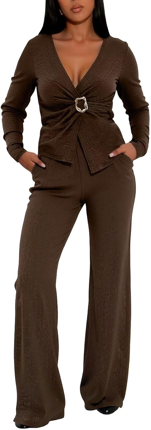 Womens Casual Two Piece Outfits Wrap V Neck Crop Top and Flare Pants Set with Pockets