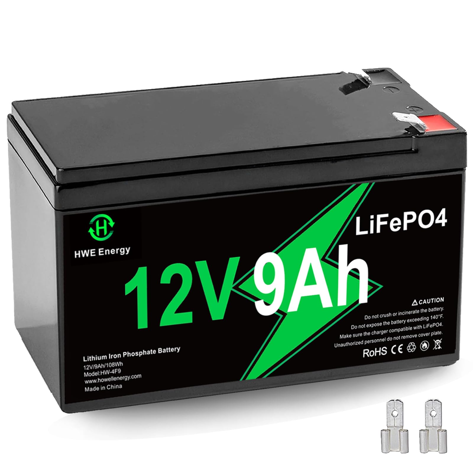 12V 9Ah Lithium Battery, Deep Cycles Rechargeable LiFePO4 Battery 4000+ Cycles 15A BMS Replacement for Alarm System, Fish Finder, Lighting, Power Wheels, UPS, Ride on Toys, F1 & F2 Terminal