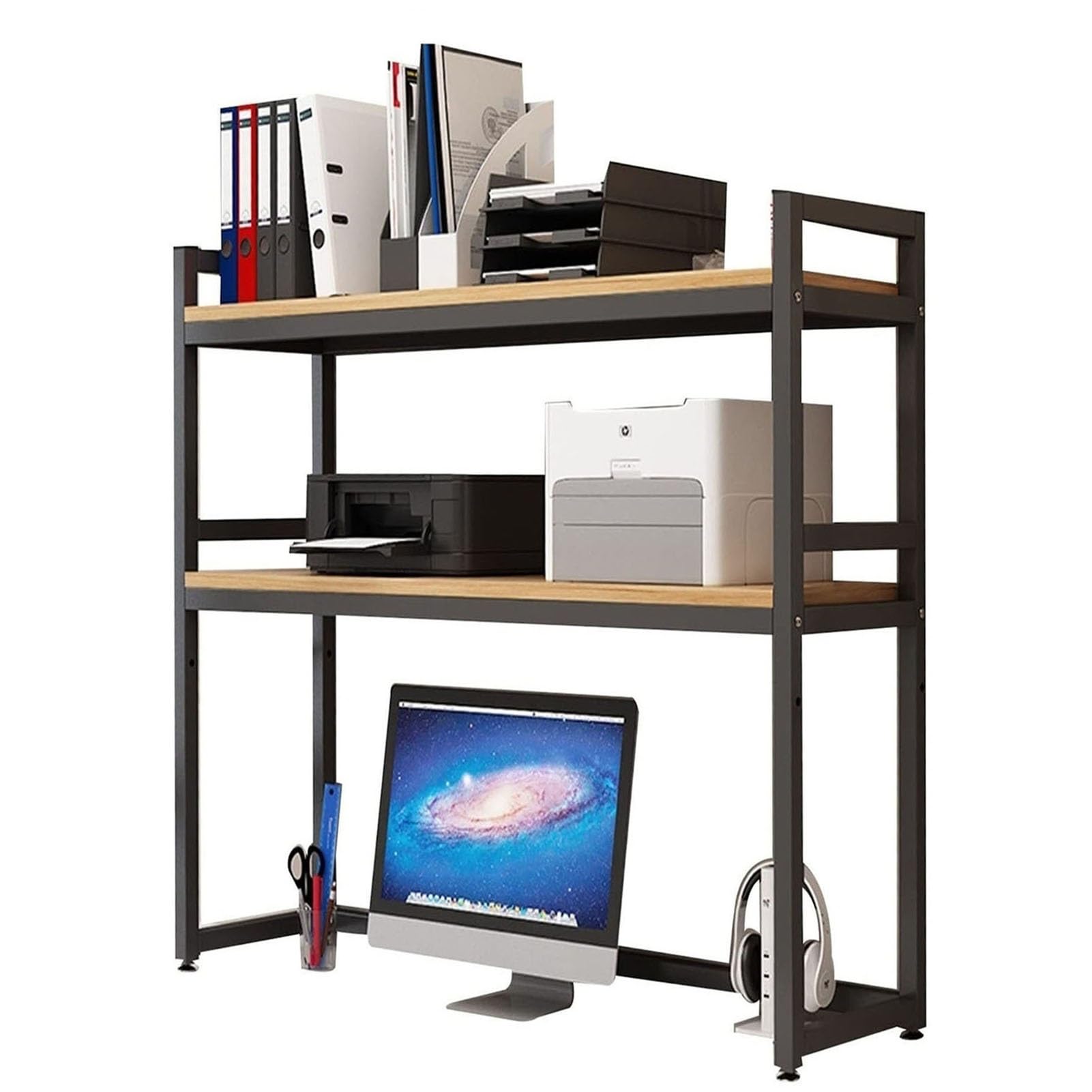 2 Tier Multipurpose Countertop Hutch Bookshelf - Metal Desktop Bookcase For Computer Desk, Adjustable Desk Organizer Rack, Desk Books Storage Display Shelf, Office Dormitory Open Rack Bookshelf(Black,