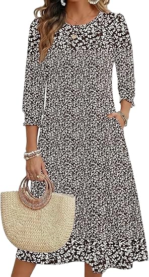 11 Best Casual Summer Dresses for Women Over 60 with Sleeves (Stylish, Cool, and Comfortable) 7 Women's 3/4 Sleeve Boho Floral Midi Dress Summer Crew Neck A-Line Casual Comfy Dress with Pockets