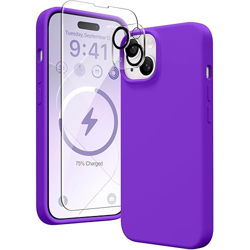 GONEZ Magnetic Silicone for iPhone 15 Plus Case, [Compatible with MagSafe][1X Camera Protector + Screen Protector], Microfiber Lining Shockproof Protective Phone Cover 6.7", Neon Purple