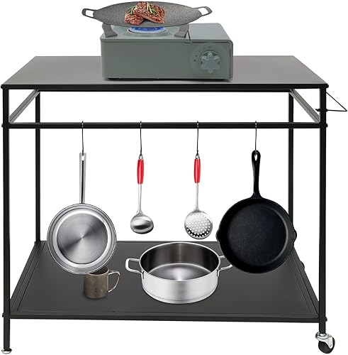 Mesa de carrito de parrilla al aire libre, soporte para horno de pizza, tres estantes de acero inoxidable, mesa de preparación de alimentos, patio,