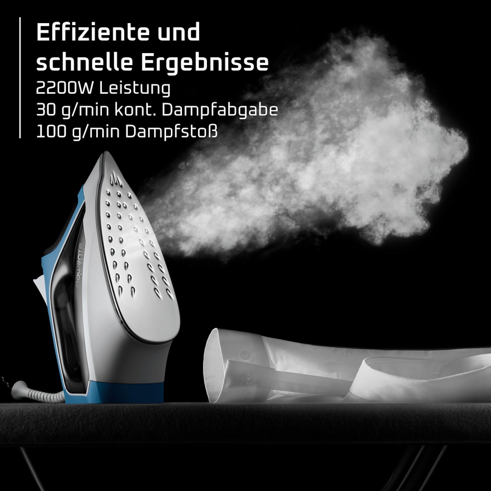 Rowenta Effective 2 Dampfbügeleisen, 2200 W, 30 g/min kontinuierliche Dampfabgabe, extrastarker Dampfstoß, 250 ml-Wassertank, INOX-Bügelsohle, Anti-Kalk-System, Blau/Grau, DX1531D1