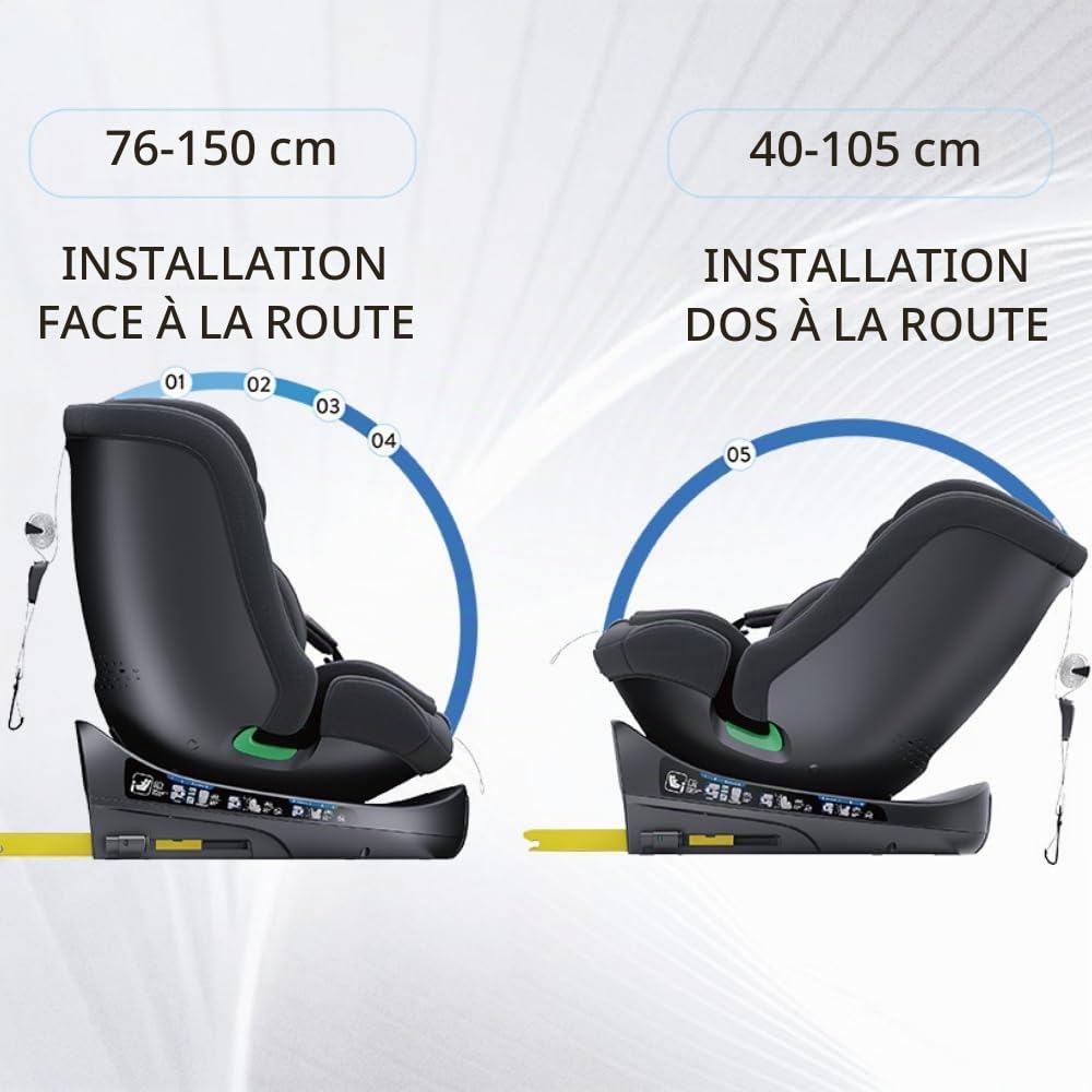 YAZOCO Siège auto bébé, I-SIZE 40-150 cm, 360° pivotant 0 à 36 kg évolutif, dès la naissance et jusqu'à 12 ans environ, Groupe 0/1/2/3, Isofix, RWF, FWF, Protections latérales sièges (Gris)