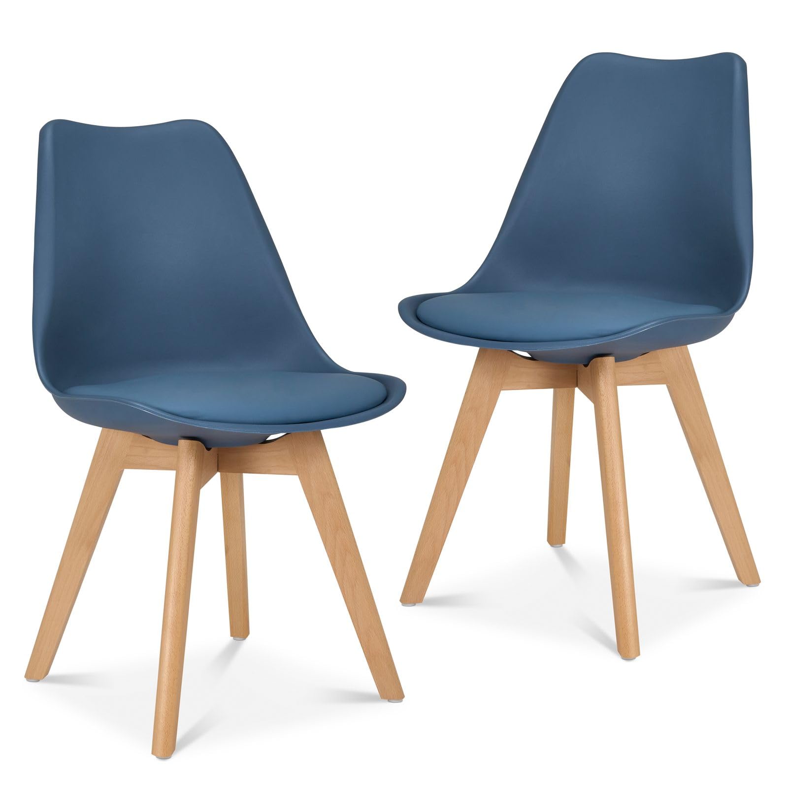 Bravich Rocco Dining Chairs Set of 2 with Cushion Pad Seat, Navy Blue Plastic Kitchen Chairs with Wooden Legs, Modern Accent Chairs for Dining Room, Bedroom and Dressing Table