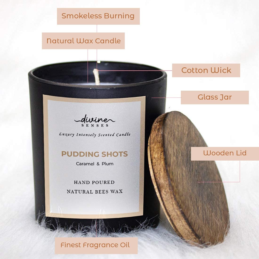 Divine Senses Natural Caramel & Plum Matte Black Glass Jar Scented Candle | 40 Hours Burning Time | Natural Beeswax 2