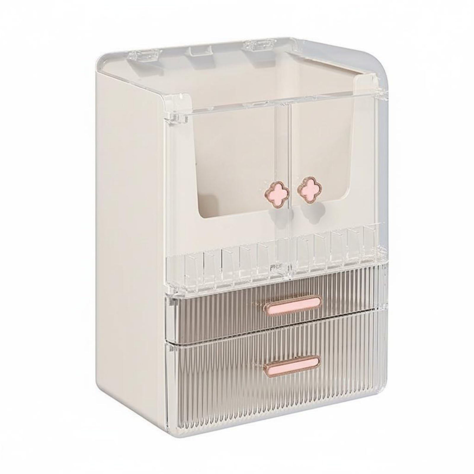 Large Capacity Desktop Cosmetic Storage Box Elegant Design Dustproof Makeup Storage Box Waterproof Dustproof Cosmetic Display Case for Women, Dresser Top, Bathroom, White Pink-image-26