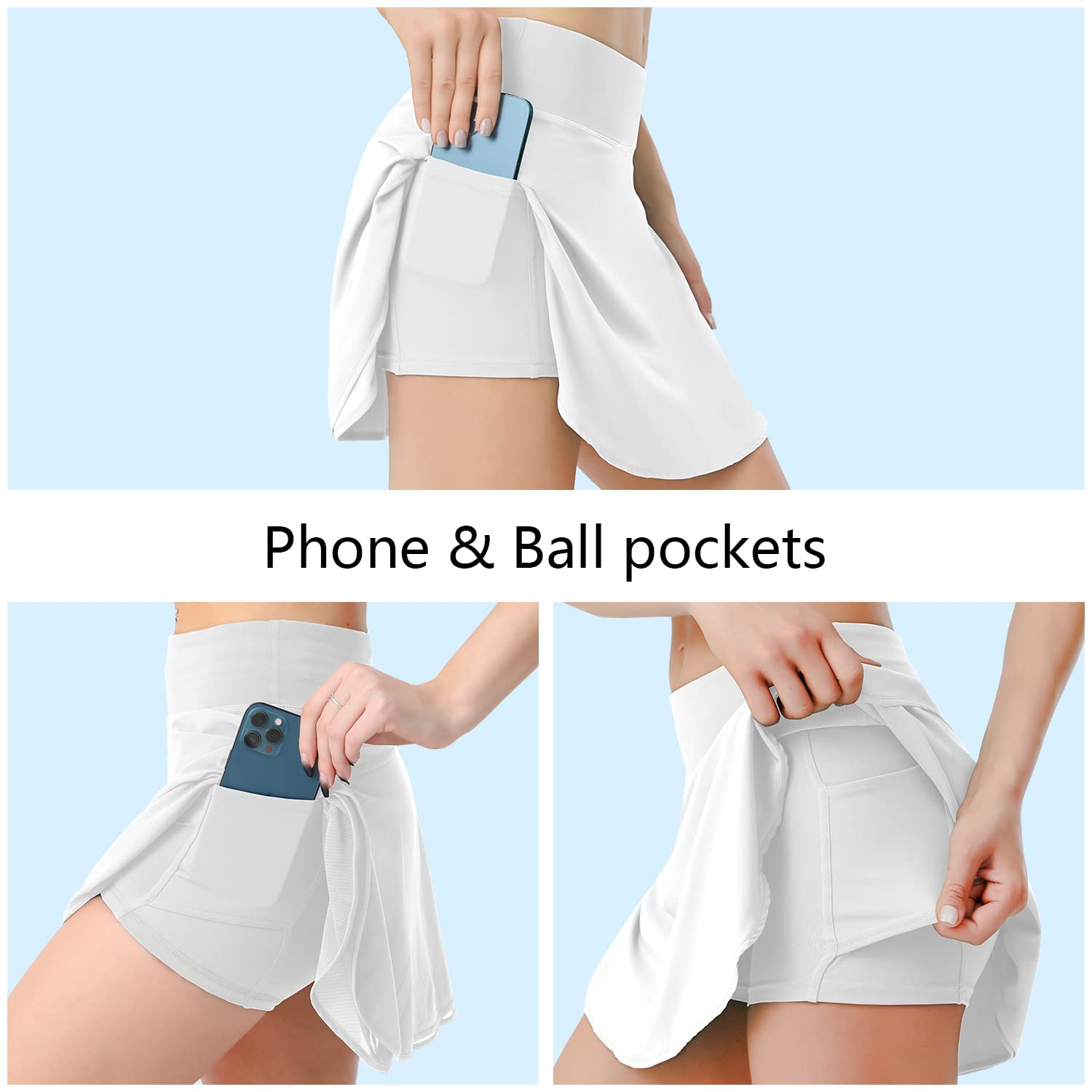 Falda de tenis de malla de cintura alta para mujer, con bolsillos, falda corta, pickleball, atletismo, golf, fluida, Blanco (White-snow), XX-Small