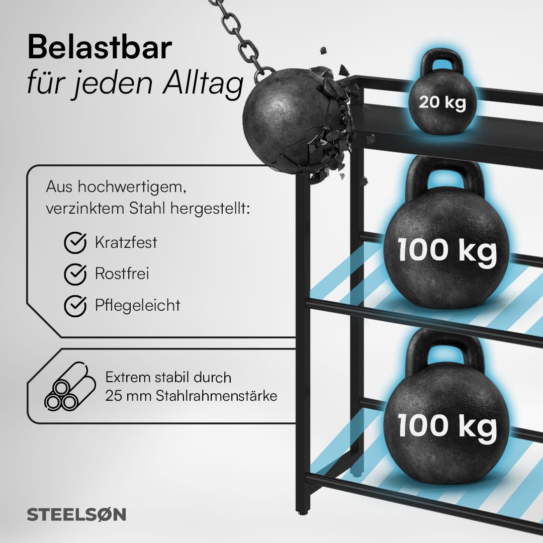 STEELSØN Astris Getränkekistenregal mit Ablage – stabiles & platzsparendes Getränkeregal für 6 Kisten – Kistenregal Schwarz Metall – Kastenständer für Getränkekisten & Obst – Bierkisten Regal