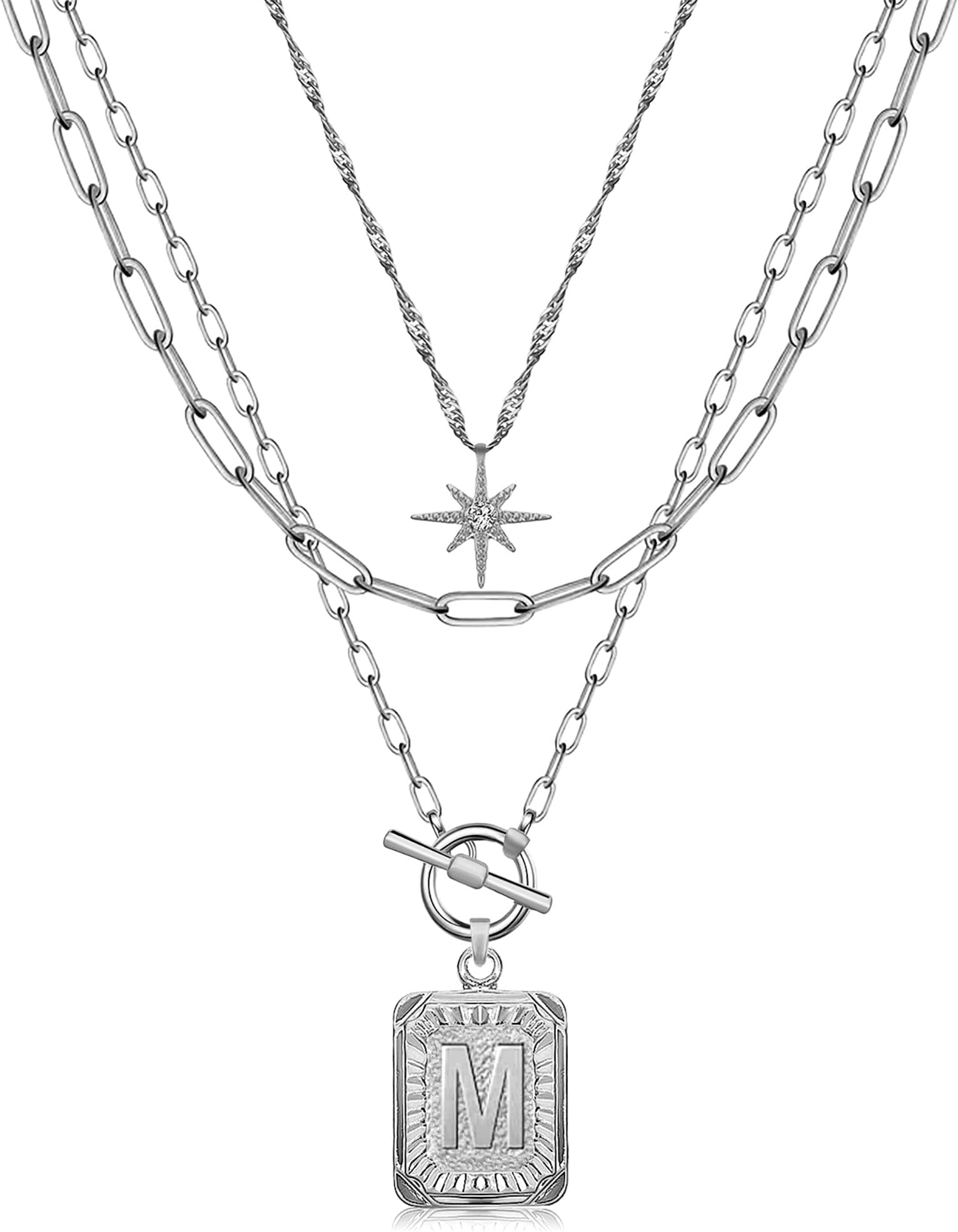 Layered Initial Necklaces for Women Trendy, 14K Gold Plated Brass Simple Star Choker Square Letter Pendant Necklace, Paperclip Chain Necklaces Jewelry Gifts