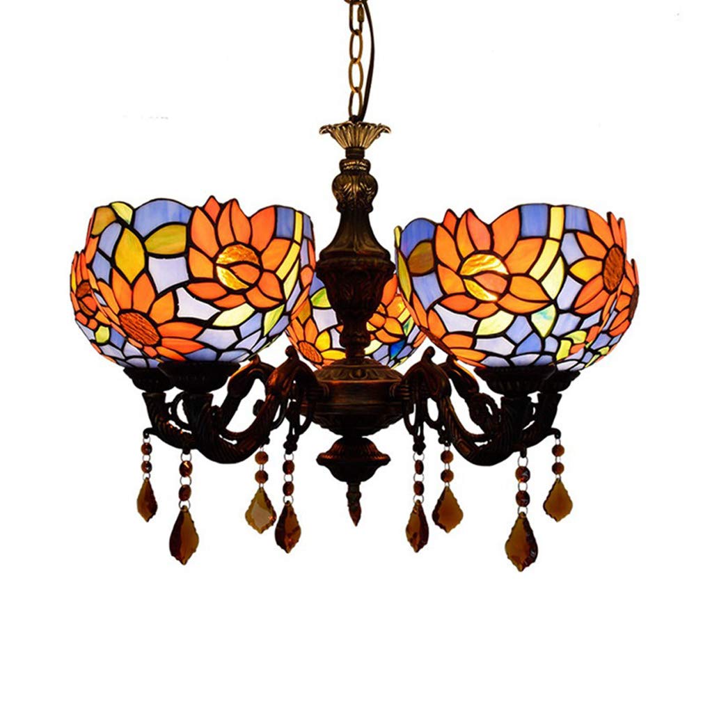 YNIYUJKL Idyllic Retro Sun Flower Crystal Chandelier, Tiffany-Style Stained Glass Bedroom Ceiling Lamps Lighting Dining Room Kitchen Coffee Bar 5-Arm Pendant Light Fixture