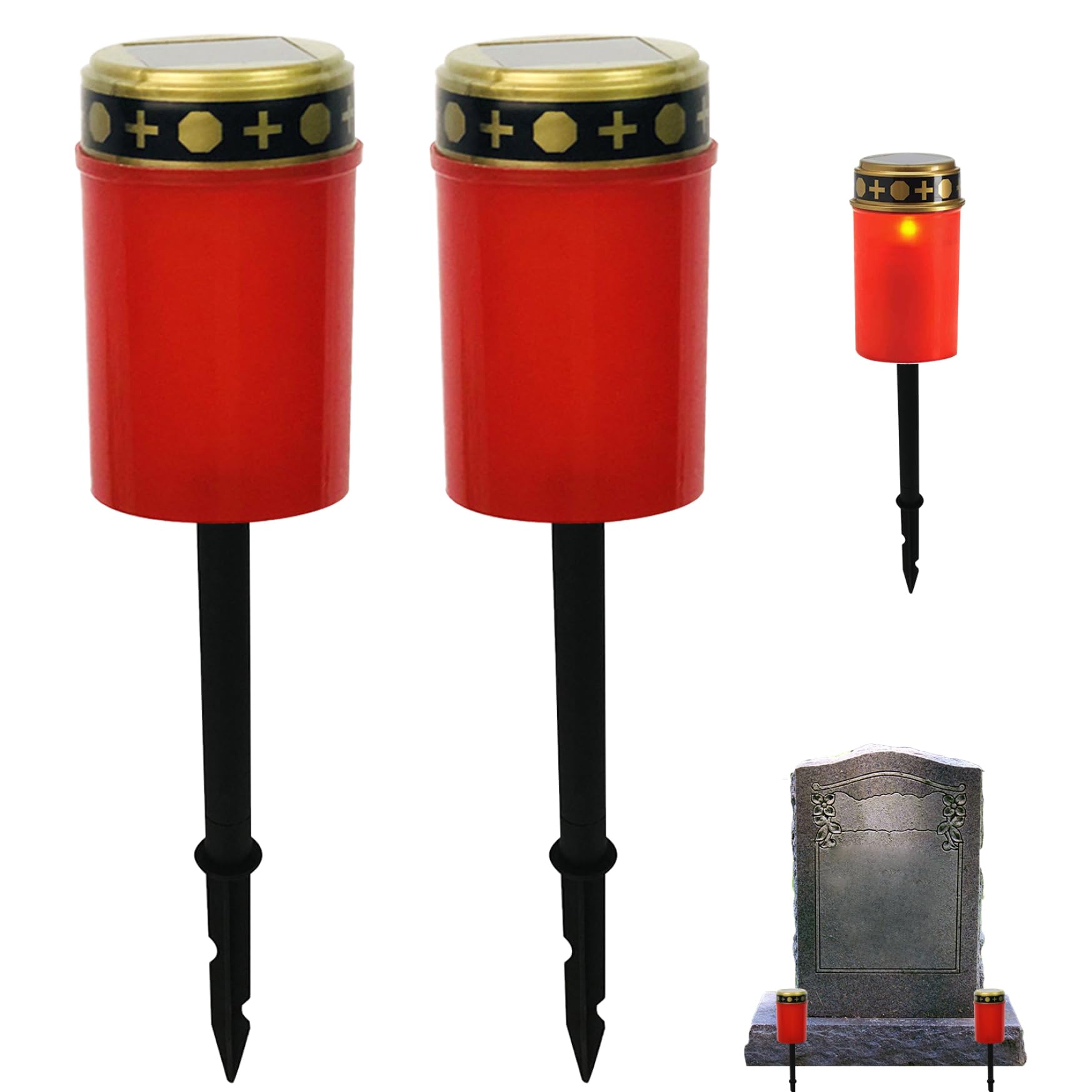 Peosaard Solar Grave Lights 2PCS Waterproof Solar Cemetery Lights for Grave Flameless Solar Memorial Lights Outdoor Stake Lights for Grave Decorations Memorial Gifts Red, Grave Lights
