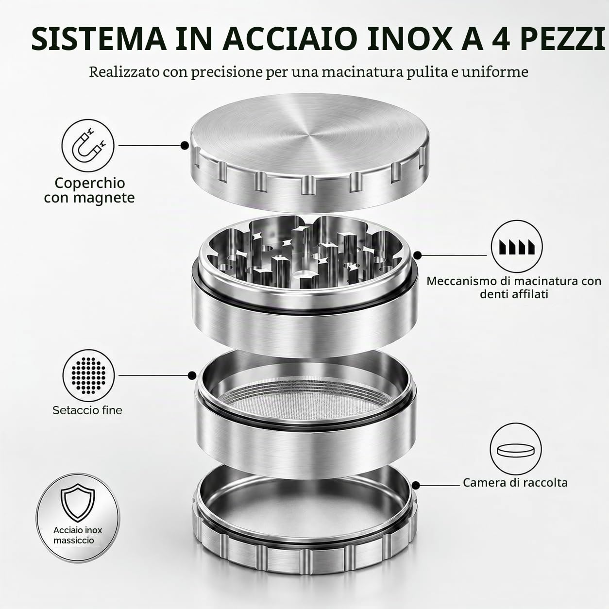 Grinder Premium - Macinino per erbe aromatiche in acciaio inox, 4 pezzi, Ø 63 mm, con custodia protettiva con chiusura lampo, raschietto per polline, pennello e boccaglio