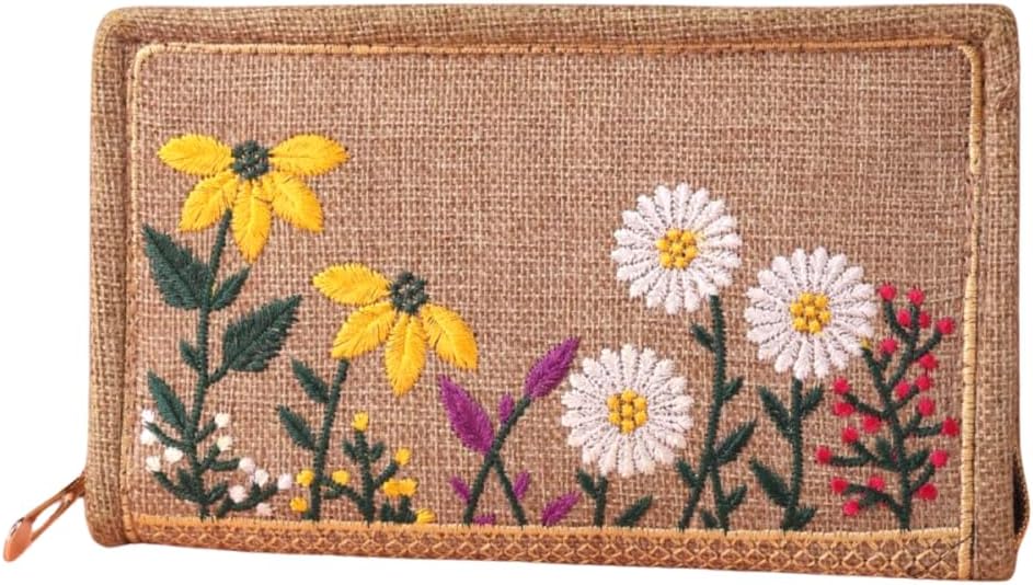 Jute Clutch Purse for Women, Handmade Embroidered Pouch Bag with Zipper & Tassel, Floral Design, Strap, Natural Beige Color