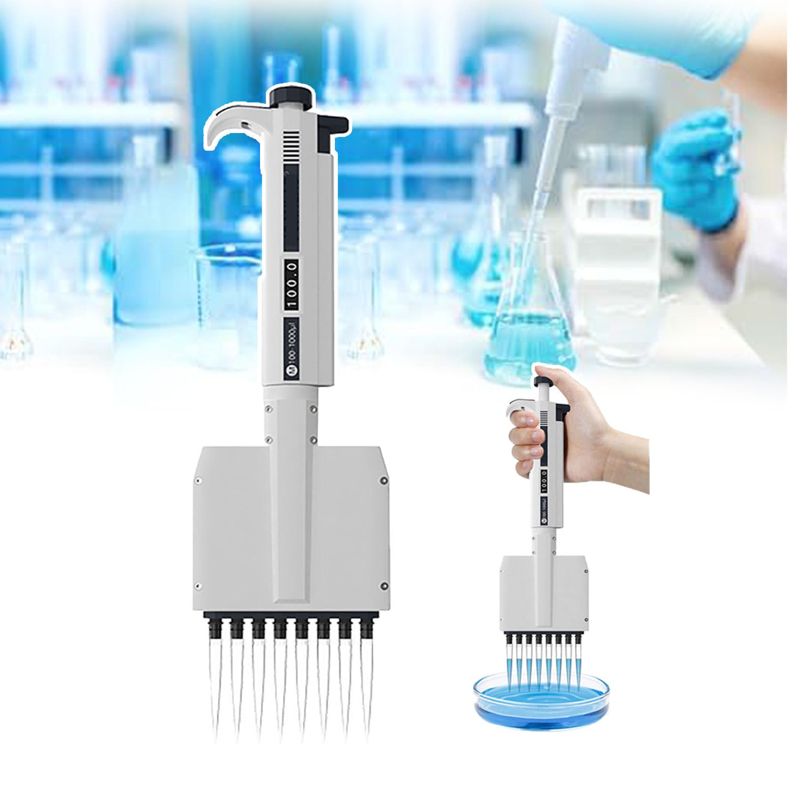 Mehrkanal-Pipetten-Mikropipette, 8-Kanal-/12-Kanal-Labor-Mikropipette, 0,5 ul-300 ul einstellbares Volumen, manuell einstellbare Pipetten-Laborausrüstung, 360° Drehbarer Kopf,A-50-300ul