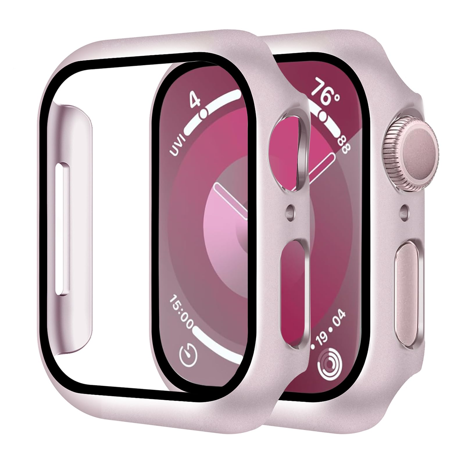 Smiling 2 Pack Case Compatible with Apple Watch Series 9/8/ 7 41mm Built in Tempered Glass Screen Protector, Hard PC Case Overall Protective Cover- 1 Pink + 1 Transparent
