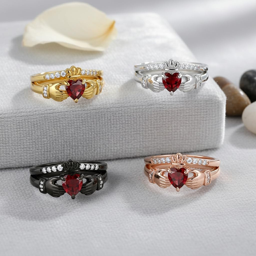 Dorunmo Personalized Claddagh Ring for Women, Custom 12 Birthstone & Engraving 925 Sterling Silver Irish Celtic Heart Crown Ring, Promise Friendship Jewelry