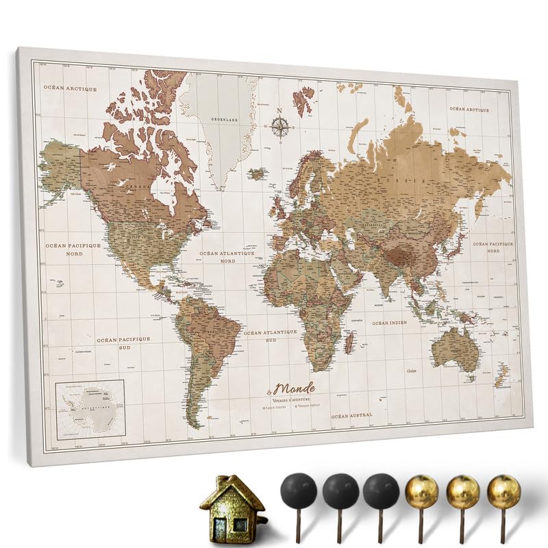 Carte du monde en toile avec tableau d'affichage en liège - Labels en Français - Décoration murale décorative pour toutes les pièces - Tableaux sur toile (90x60 cm,...