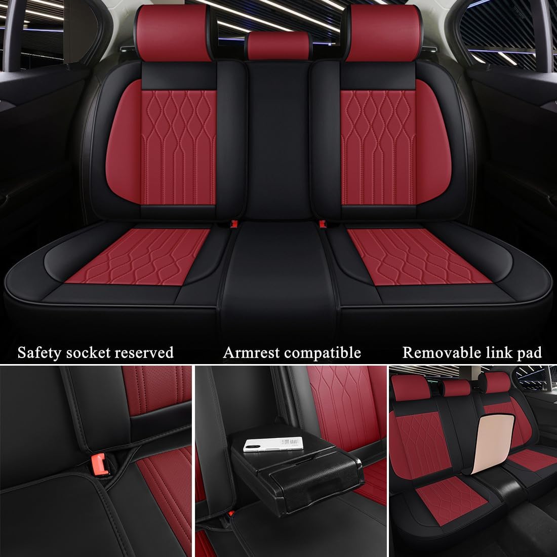 Red Rain Wine Red and Black Leather Car Seat Cover Breathable Universal Front and Rear Car Seat Cover (CC-Wine red+Black)