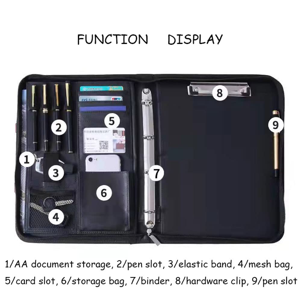 Cartella per conferenze Portatile con Cerniera e Manico Raccoglitore per Portfolio A4, Raccoglitore ad Anelli, Organizer per Documenti per riprendere L'Ufficio, Custodia in Pelle vegana con Blocco n