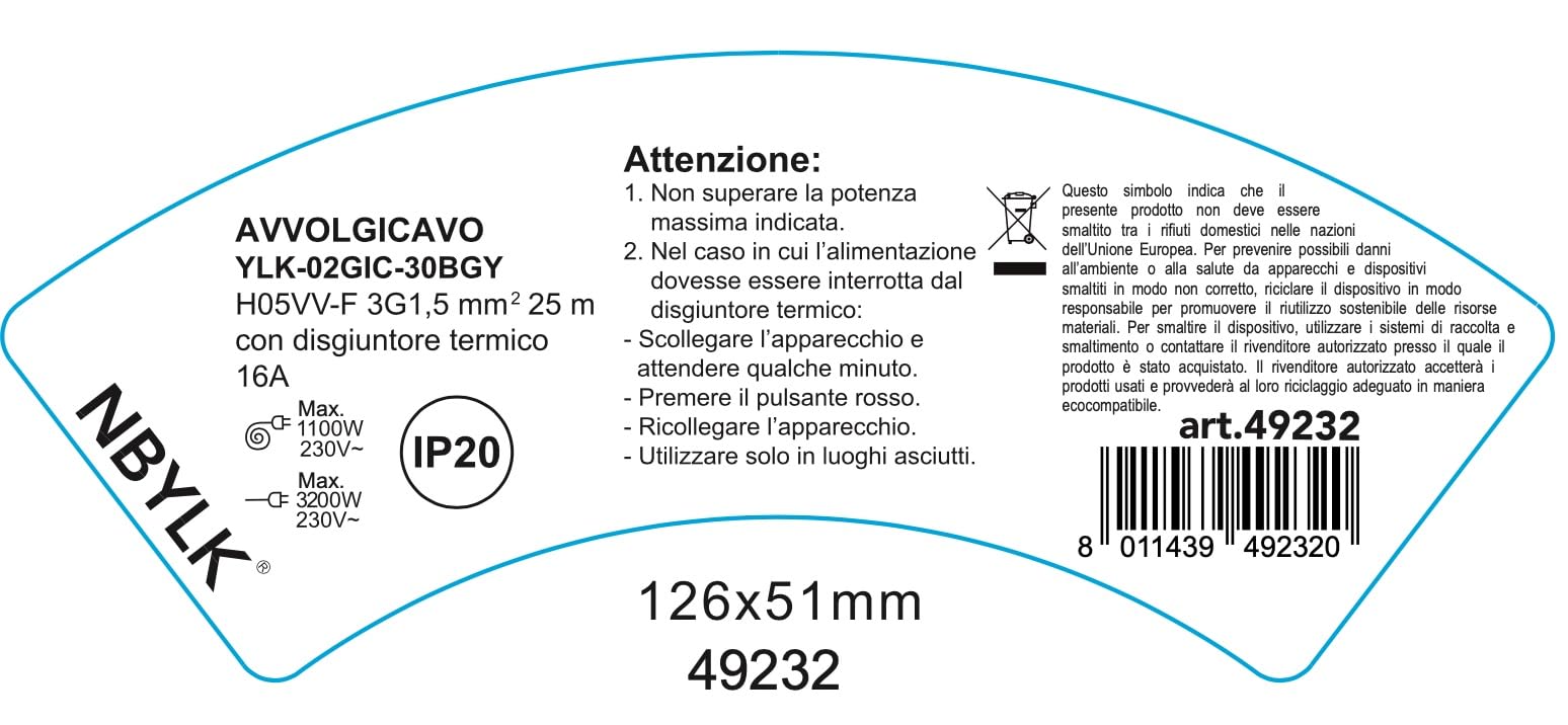 Electraline 49232 Uniwersalne gniazdo kablowe pasuje do urządzeń ogrodniczych, ochrona termiczna, 25mt., przekrój kabla 3G1,5 mm²
