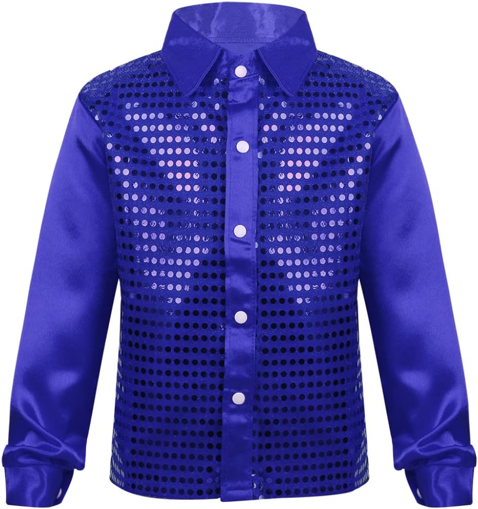 Choomomo Boy's Shiny Sequins Long Sleeves Lapel Shirt Latin Jazz Hip Hop Coat Jacket Ballroom Dancewear