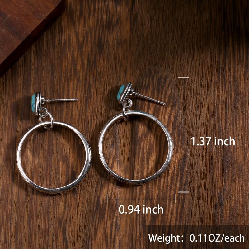 Vintage Elegant Synthetic Turquoise Floral Pattern Carved Circle Pendant Earrings, Bohemian Style Handmade Jewelry for Women Suitable for Travel and Vacation - Image 5
