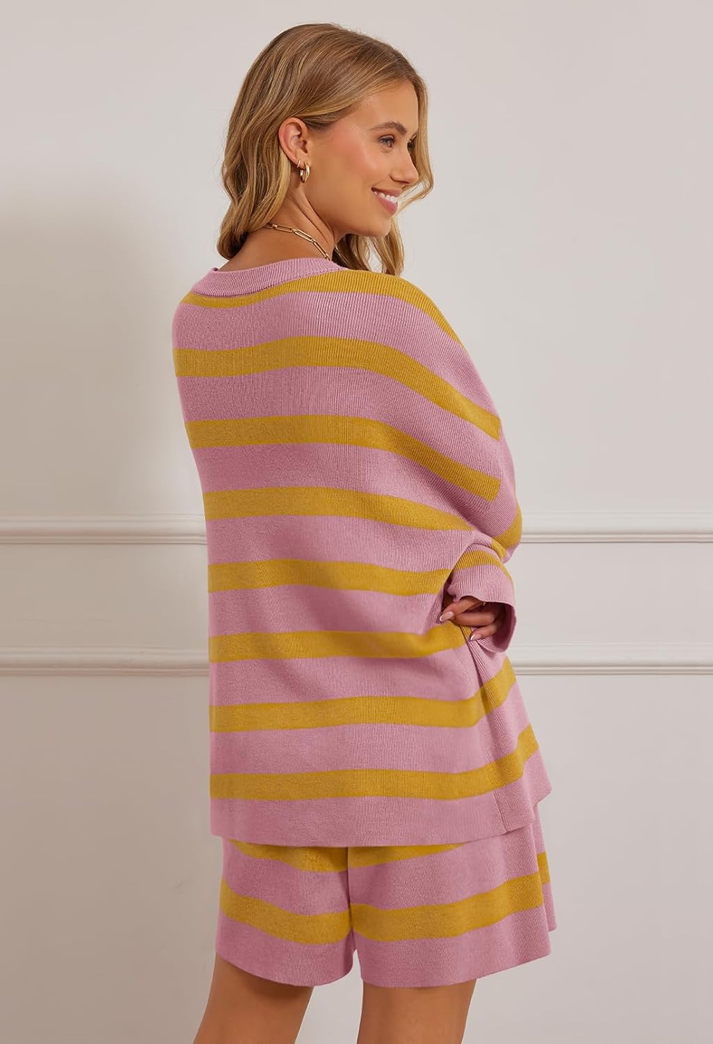 MEROKEETY Women's 2 Piece Sweater Lounge Sets Striped Long Sleeve Shorts Oversized Matching Outfits - Image 4