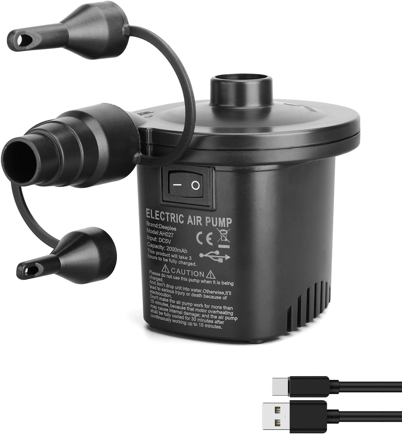 Deeplee Electric Air Pump, Quick-Fill Electric Rechargeable Inflator for Inflating/Deflating Paddling Pool Airbed Air Mattress Inflated Toy, 3 Nozzles Included