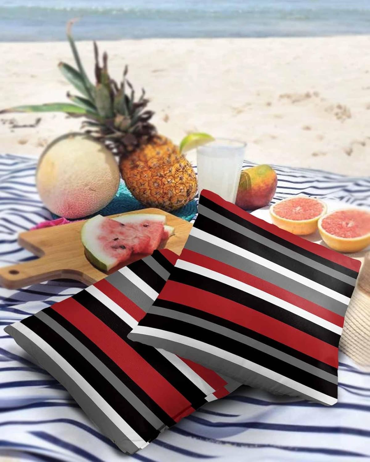 Outdoor Throw Pillow Cover Multicolor Horizontal Stripes Waterproof Cushion Covers 2 Pack Red White Gray Pillow Cases Home Decoration for Patio Garden Couch Sofa