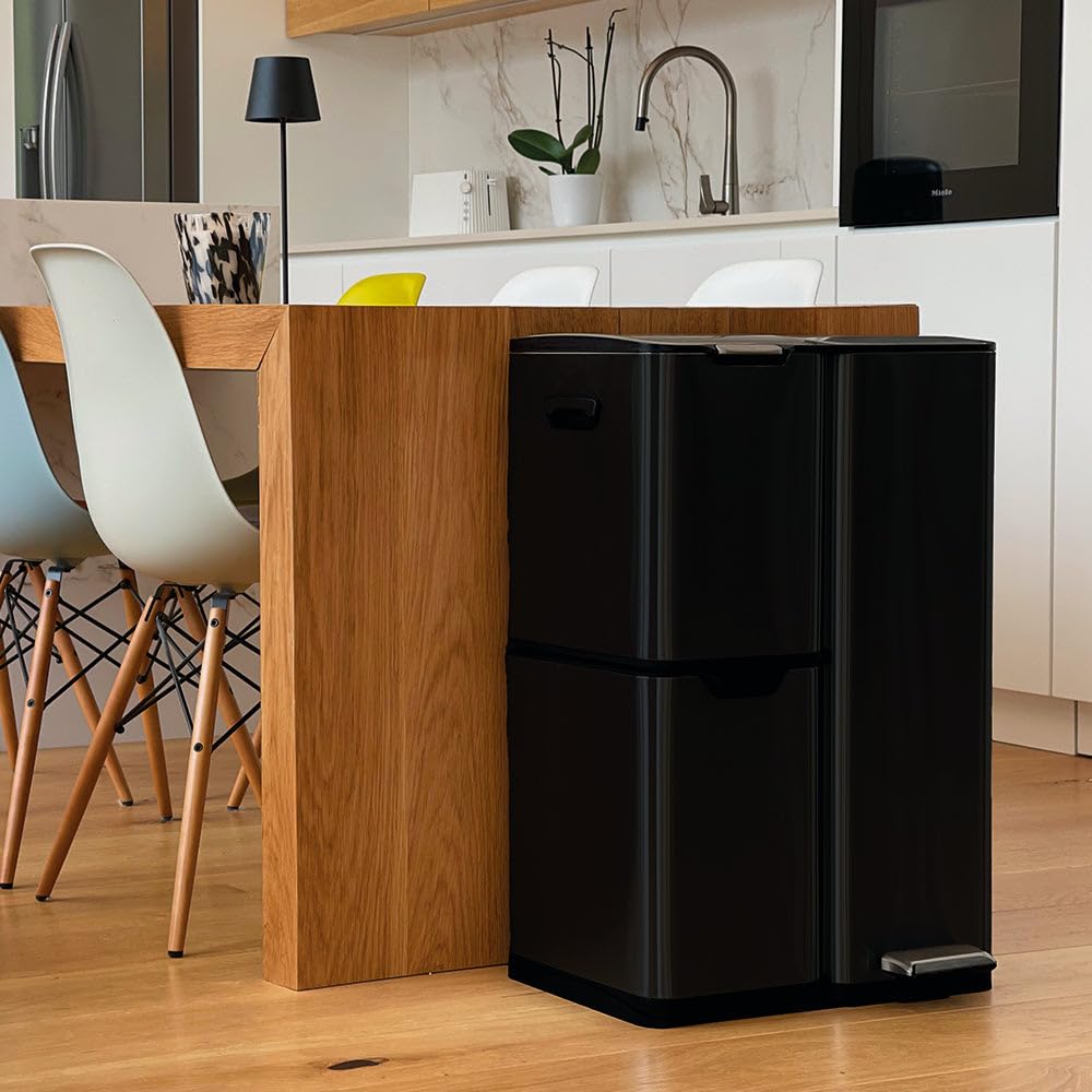 KITCHEN MOVE Poubelle de cuisine à pédale tri sélectif recyclage 60L(13+17+30L) HAJA en acier Inox Noir avec seau