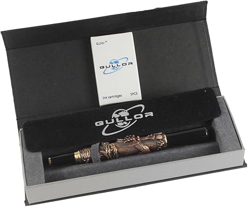 Vista 8 de Gullor Chinese Dragon Golden Basso-relievo Fountain Pen with Original pen box and 5 color Ink Cartridges