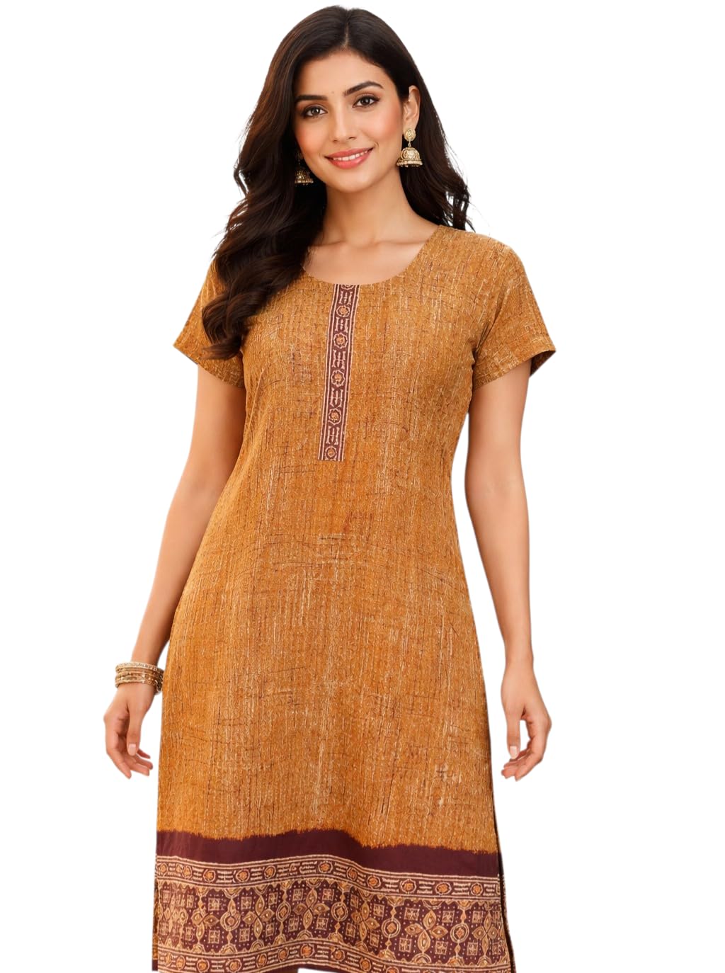 laa romance Women's Pure Cotton Semi Ajrakh Kurti, Mustard Yellow, Round Neck, Short Sleeve, Ethnic Print-picture-11