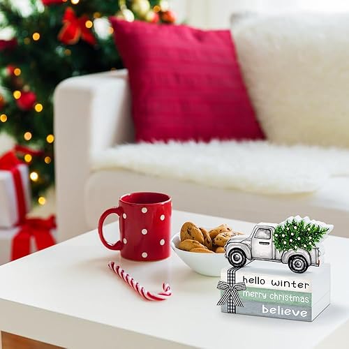 Miniatura 8 de YUJUN 4 letreros de madera de Navidad para decoración del hogar, Navidad, invierno, rústico, bandeja escalonada, libros, paquete de decoración para