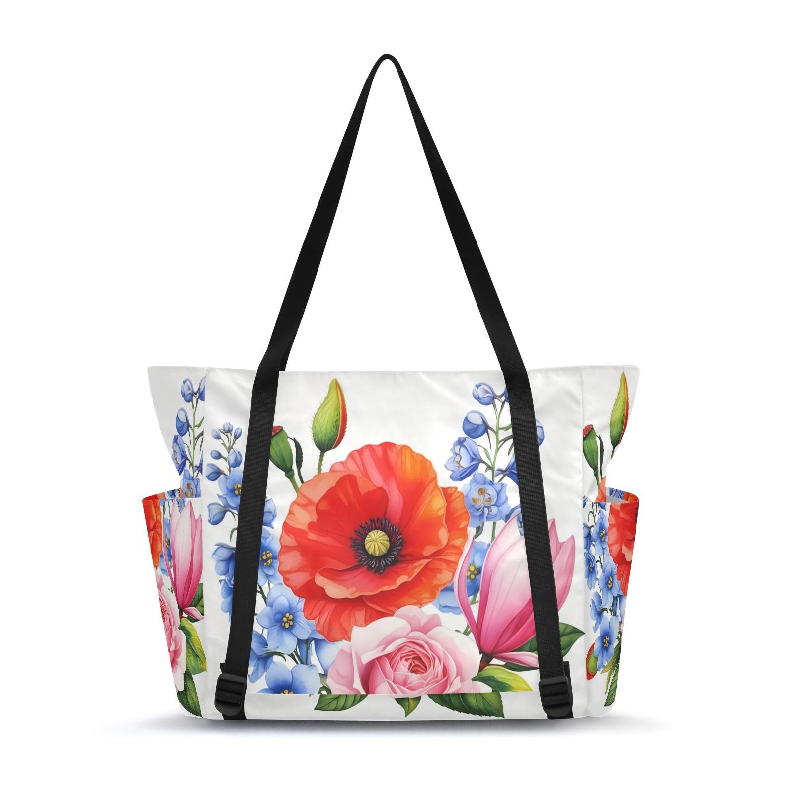 Lxqimora Rose Floral White Yoga Mat Bag for Women Water-Resistant Gym Bag with Yoga Mat Holder Tote Bag for Pilates Yoga Office Gym