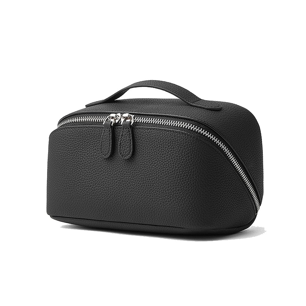 Beauty Case in Vera Pelle per Donna, Organizzatore di Toilette Multifunzionale per Viaggi, Pochette per Trucco Compatta e Portatile, Necessaire da Viaggio in Cuoio Nero