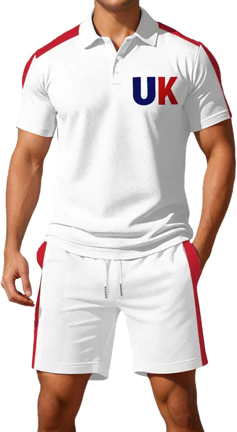 Tinarying Mens Shorts and Shirt Sets British Flag Map Print Short Sleeve Button Shirts and Shorts Casual Outfit with Short Sleeves and Comfortable Athletic Fit Two-Piece Activewear Set