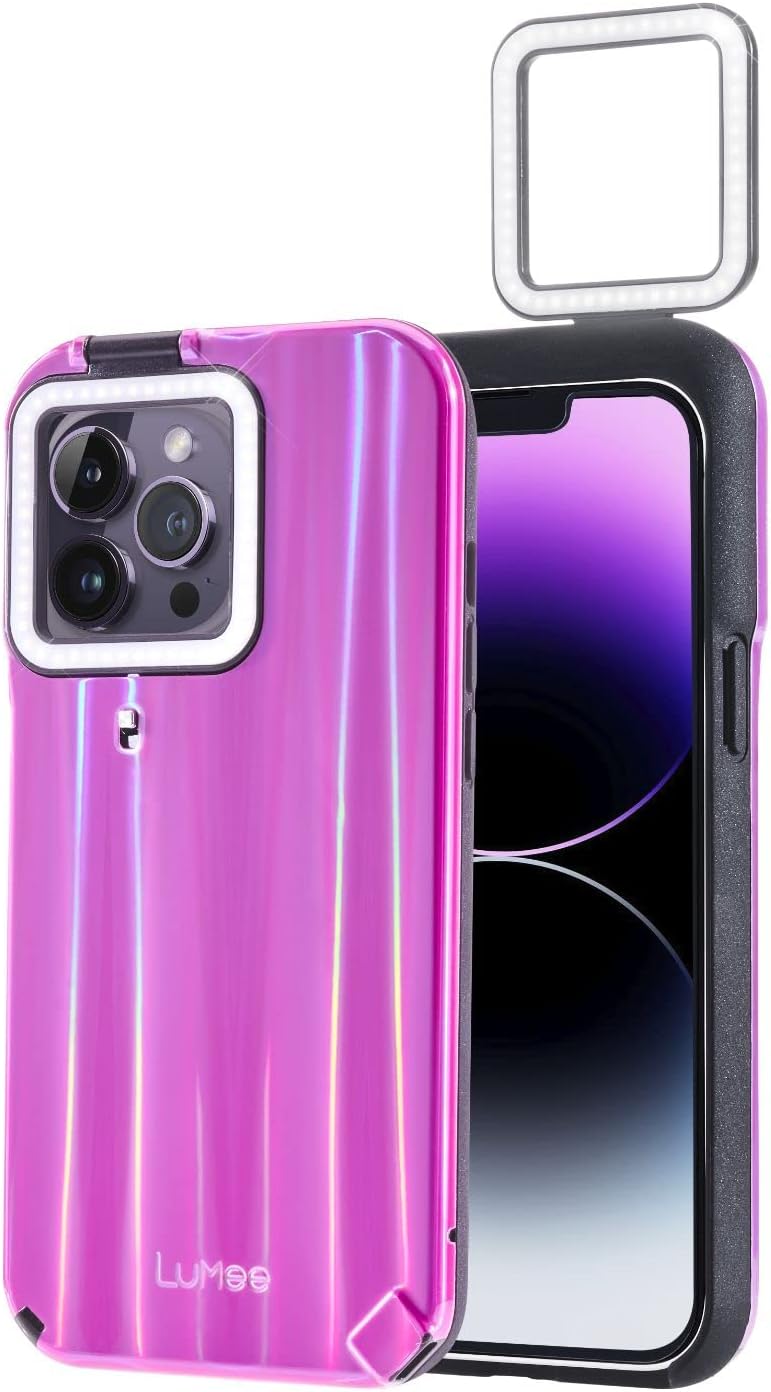 LuMee Flip - iPhone 14 Pro Max Case - Illuminated Flashlight Phone Cover with Front and Rear LED Light Up - Rechargeable Selfie Case with Flippable Dual Side Light, Adjustable Brightness - Hot Pink
