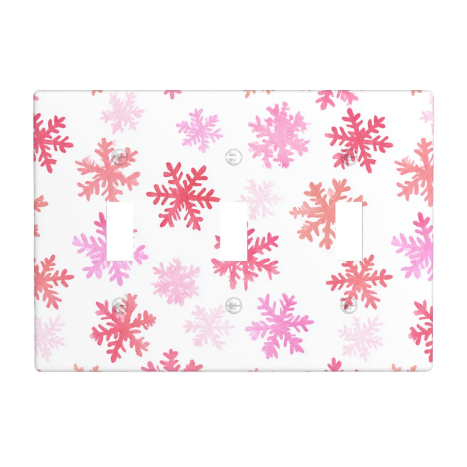 Woshuwo White Pink Snowflakes On Light Switch Covers 3 Gang Triple Toggle Wall Plate Switchplate Electrical Faceplate For Bathroom Kitchen Bedroom Decor