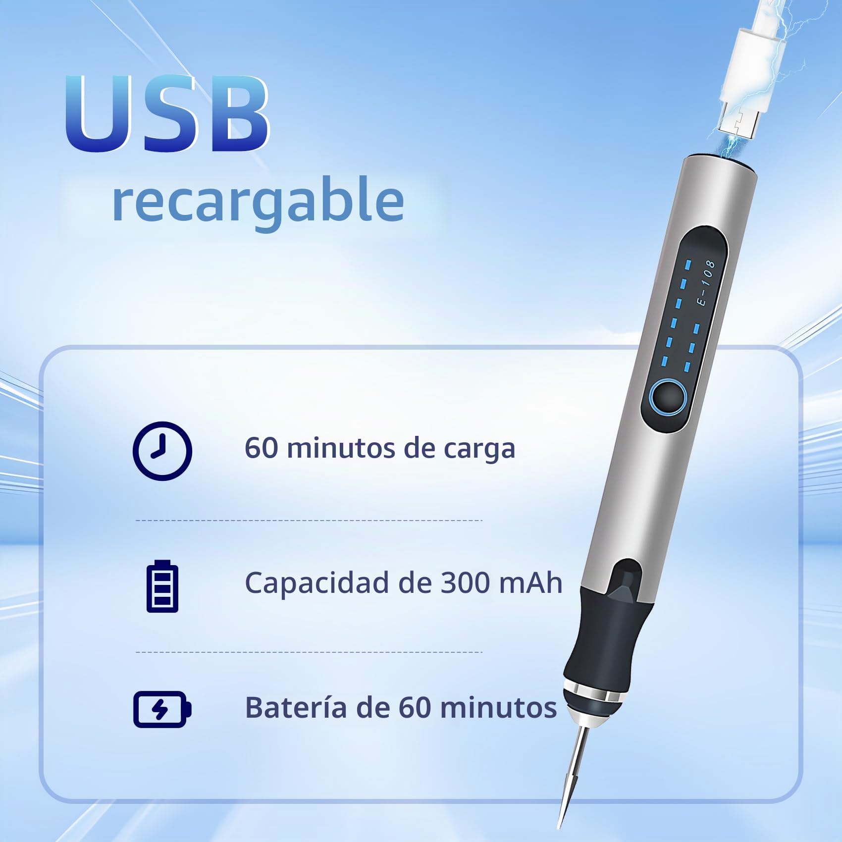 Bolígrafo grabador eléctrico, recargable por USB, inalámbrico, kit de engraving pen portátil, herramienta de grabado para vidrio, madera, plástico, metal y piedra.