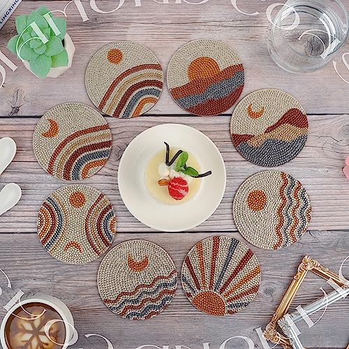 Image of 8 Pcs Boho Diamond Painting Coasters Kit with Holder, Abstract Moon Wooden Diamond Art Non-Slip Coasters for Beginners & Adults Dining Decor Art Crafts