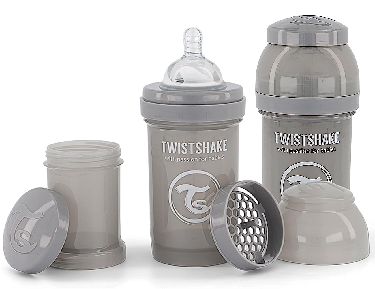 Twistshake 2X Anti-Colic Baby Bottle with Milk Powder Container and Mixer - 180ml | Slow Flow Silicone Breast-Like Nipple | BPA- Free Baby Milk Bottle | Suitable for Newborn Babies (0+) | Grey