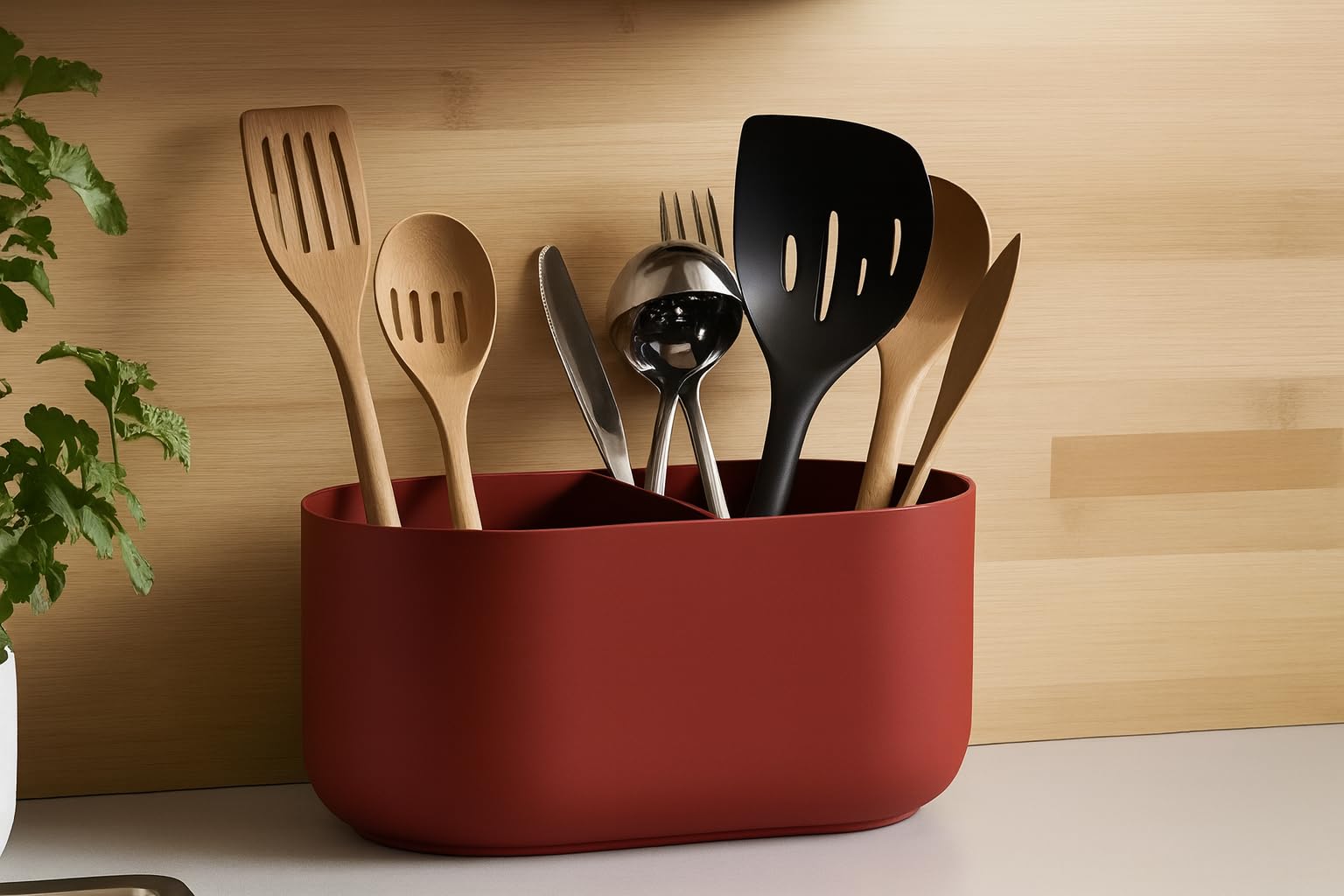 Modern Kitchen Utensil Holder with Two Compartments (Matt Dark Red)