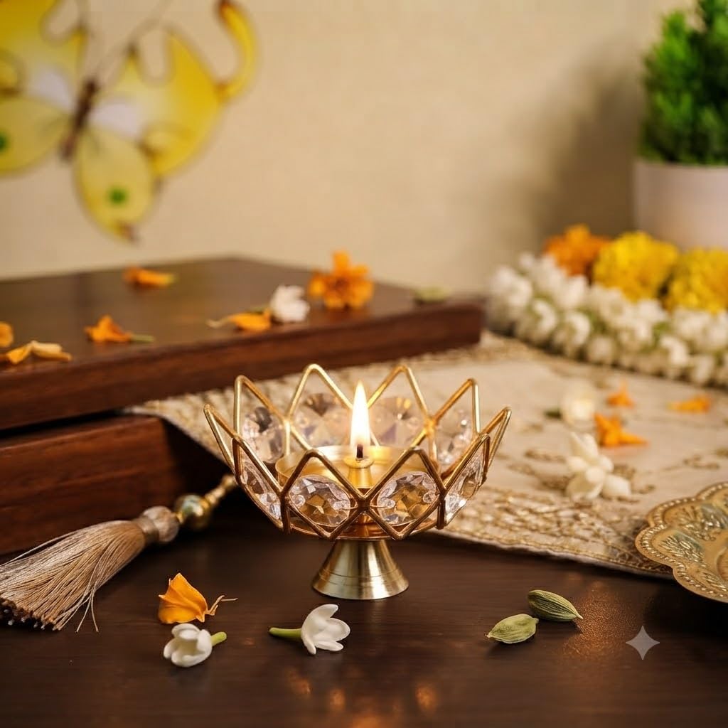 Lotus Diya, Metal Frame with Crystal Beads for Pooja, Mandir & Home Decor-image-44