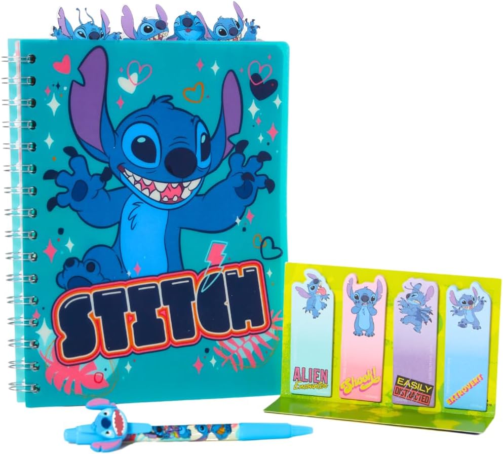 Disney Stitch Tab Journal Spiral Notebook, Ballpoint Pen, Sticky Tabs, 96 Lined Pages, Blue