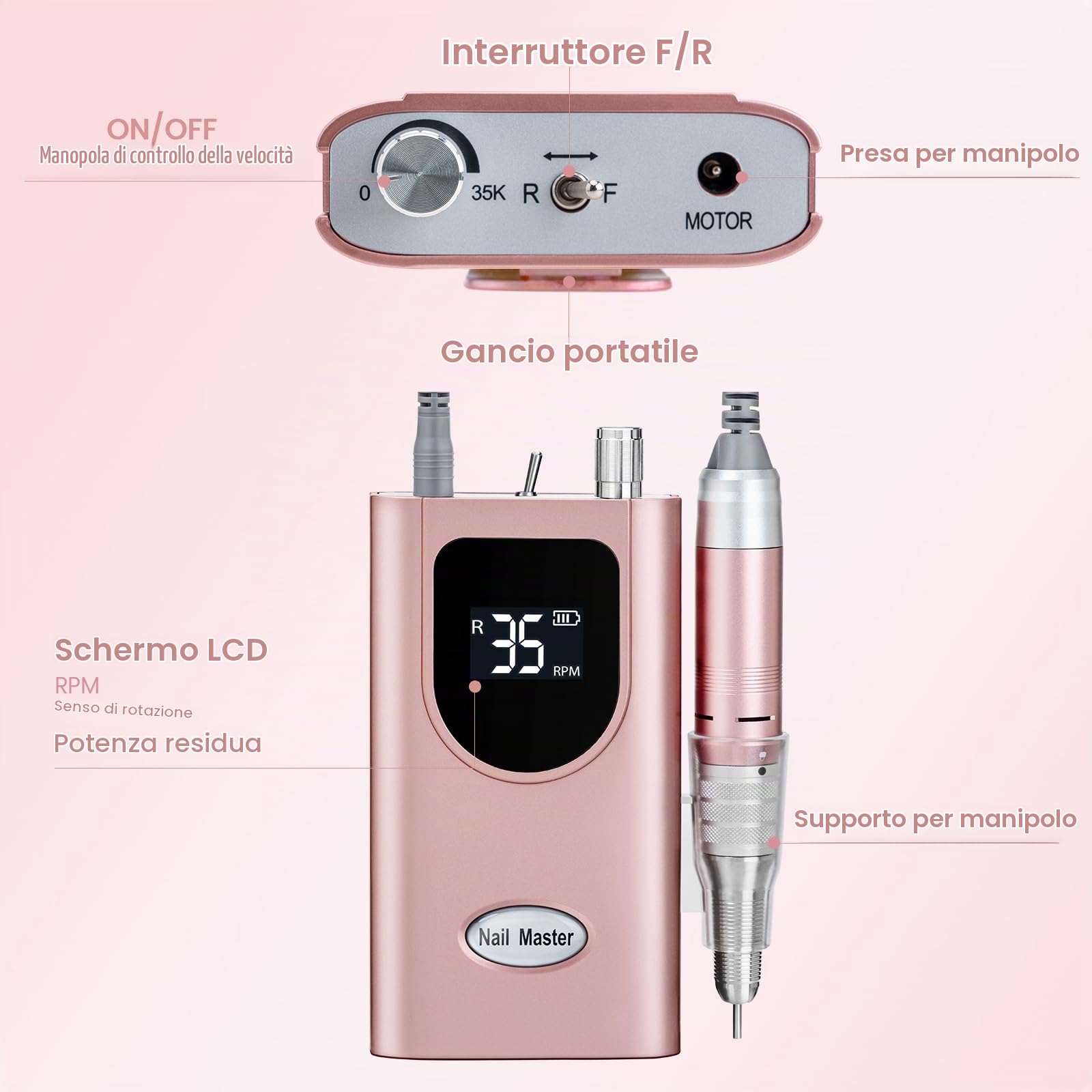Delanie Fresa per Unghie Professionale, Portatile e Ricaricabile 35000 Giri a Display LCD per Manicure e Pedicure, Trapano Elettrico per Unghie Gel/Smalto Velocità Regolabile Rosa